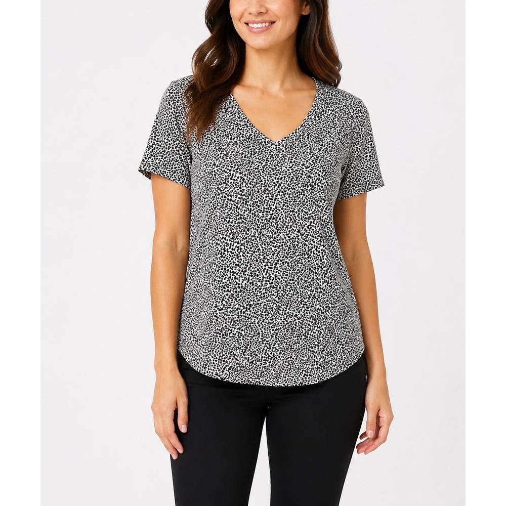 Athleta Breezy Scoop V-Neck Tee Womens XXS Black White Cheetah Animal Print Top